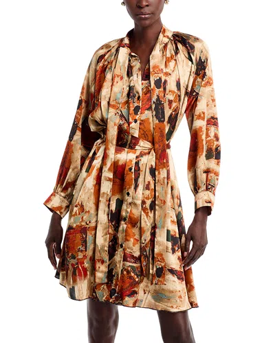 Gracia Satin Print Tie-neck Midi Dress In Brown