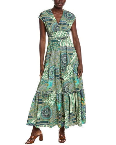 Gracia Printed V Neck Cap Sleeve Tiered Maxi Dress In Multi