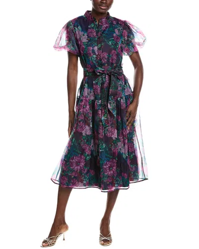 Gracia Puff Sleeve Band Collar Organza Midi Dress In Purple
