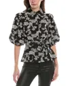Gracia Floral Embroidered Puff Sleeve Top In Black