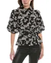 Gracia Floral Embroidered Puff Sleeve Top In Black