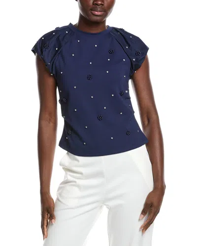 Gracia Puff Sleeve Rhinestone & Pearl Embellished Top In Blue