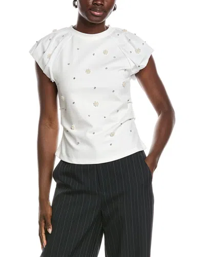 Gracia Puff Sleeve Rhinestone & Pearl Embellished Top In Gray