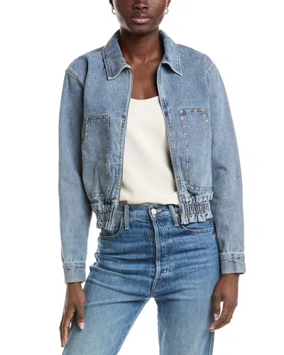 Gracia Rhinestone Trim Denim Bomber Jacket In Blue