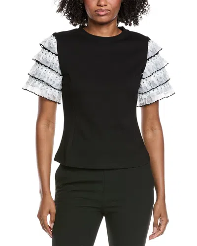 Gracia Round Neckline Tiered Short Sleeve Top In Black