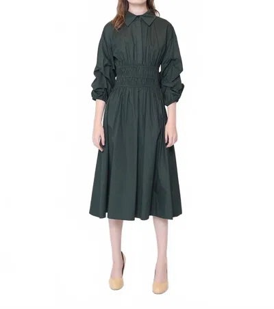 Gracia Ruched Puff Sleeve & Waist A Line Midi Dress In Hunter Green