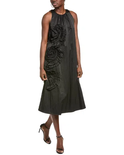Gracia Ruffle Flower Applique Midi Dress In Black