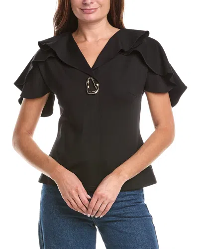 Gracia Ruffled Neck & Sleeve Brooch Detail Top In Animal Print