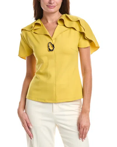 Gracia Ruffled Neck & Sleeve Brooch Detail Top In Gold