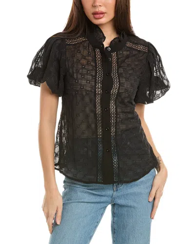 Gracia See-through Lace Puff Sleeve Shirt In Black