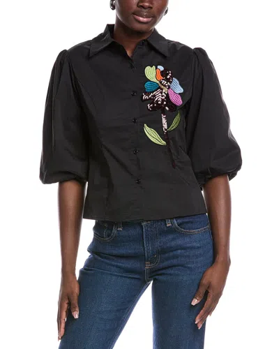 Gracia Sequin Embroidery Flower Shirt In Black