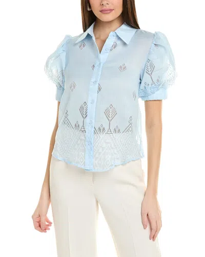 Gracia Sheer Graphic Puff Sleeve Shirt In Blue