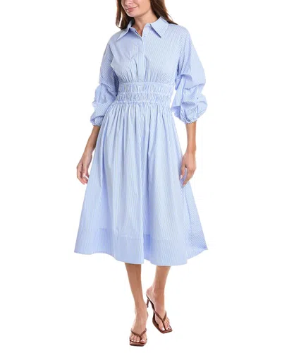 Gracia Shirred Waist Puff Sleeve Stripe Midi Dress In Black