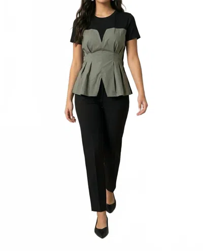 Gracia Short Sleeves Pull-on Top In Black/ Green In Multi