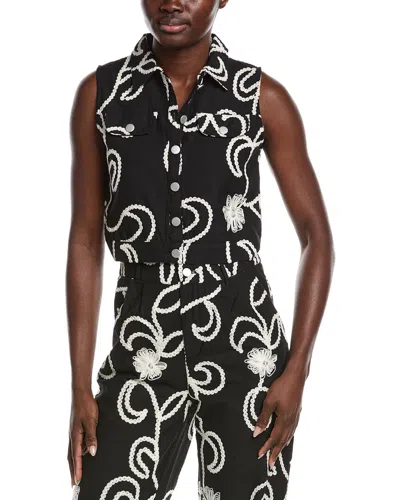 Gracia Sleeveless Embroidered Button Down Vest In Black