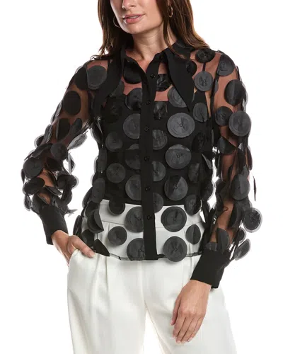 Gracia Statement Collar Puff Sleeve Button-down Top In Black