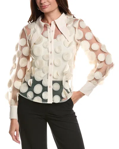 Gracia Statement Collar Puff Sleeve Button-down Top In White