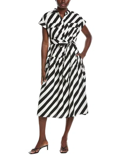 Gracia Stripped Front Pockets Belt Midi Dress In Black