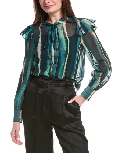 Gracia Tie Neck Frilled Sheer Print Blouse In Green