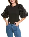Gracia Wavey Applique Sleeve Top In Black