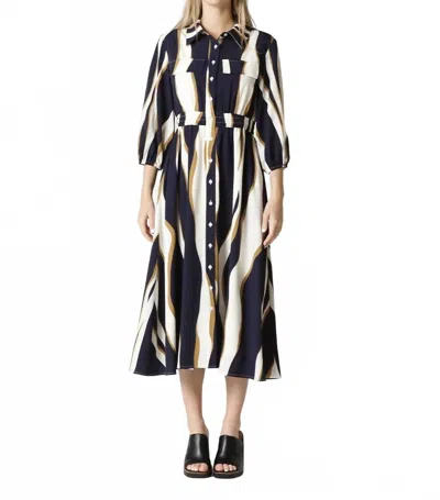 Gracia Wavy Abstract Front Button Down Shirt Dress In Multi In Blue