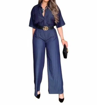 Gracia Wide-leg Jumpsuit Set With Belted Waist In Blue