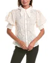 Gracia Wing Collar Circle Embroidered Top In Beige