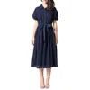 Gracia Eyelet Cotton Tie Waist Midi Dress In Blue