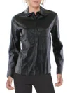 GRACIA WOMENS FAUX LEATHER COLLAR BUTTON-DOWN TOP