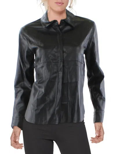 Gracia Womens Faux Leather Collar Button-down Top In Black