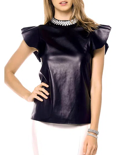 Gracia Womens Faux Leather Embellished Pullover Top In Black