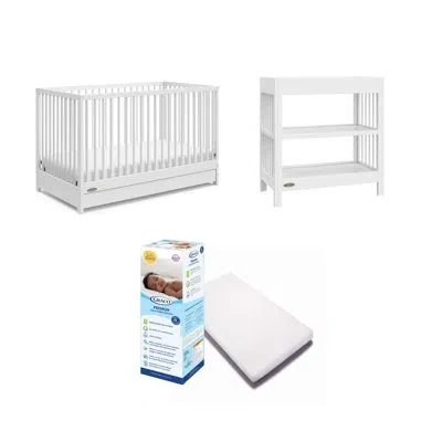 Graco Teddi 5-in-1 Convertible Crib With Drawer, Teddi Changing Table. And Mattress Nursery Set In White