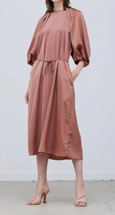 Grade & Gather Blossom Sleeve Satin Dress In Rose Tan
