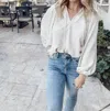Grade & Gather Hello Lovely Pleated Shoulder Jacquard Blouse In Ecru In Neutral