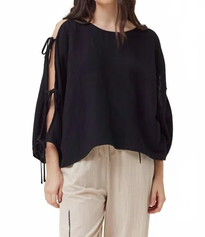 Grade & Gather Open Tie Sleeves Gauze Top In Black