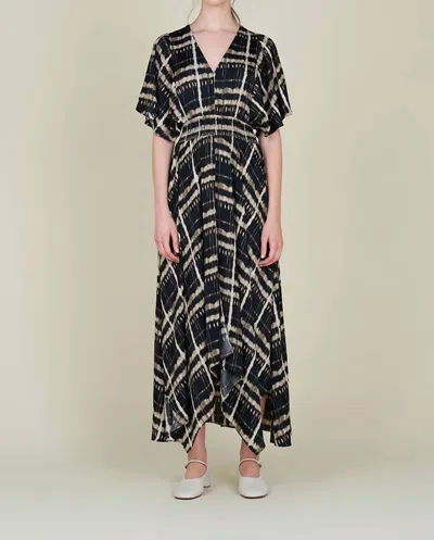 Grade & Gather Printed Unbalanced Dress In Black And Cream In Multi