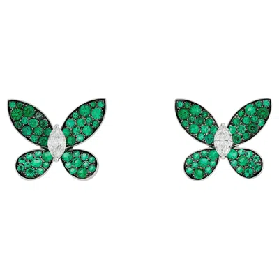 Pre-owned Graff 18k White Gold Emerald And Diamond Butterfly Earrings