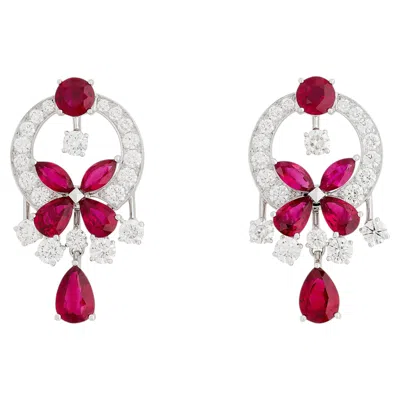 Pre-owned Graff 18k White Gold Ruby And Diamond Mini Butterfly Dangle Earrings