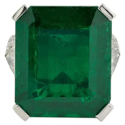 Pre-owned Graff 21.34 Carat Colombian Emerald Trilliant Diamond Ring In Platinum Signed  In Green
