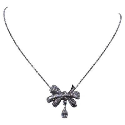 Pre-owned Graff Gia  18k White Gold Tilda's Bow Double Pav� Diamond Drop Necklace