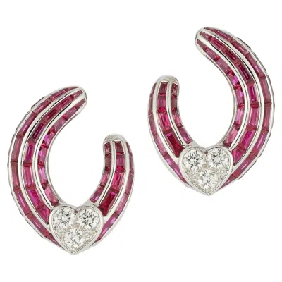 Pre-owned Graff Invisible-set Ruby And Diamond Heart Hoop Earrings In Multi