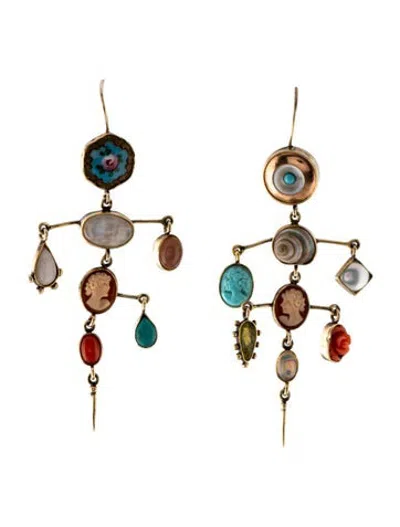 Pre-owned Grainne Morton Mother Of Pearl, Coral, Shell, Enamel & Multistone Drop Earrings In Multicolor