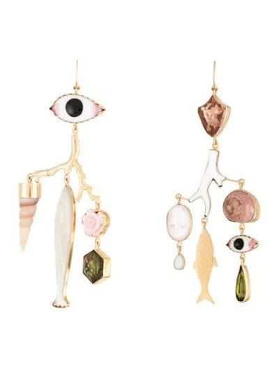 Pre-owned Grainne Morton Mother Of Pearl, Crystal, Shell, Glass & Enamel Eye & Branch Chandelier Earrings In Black/green/pink