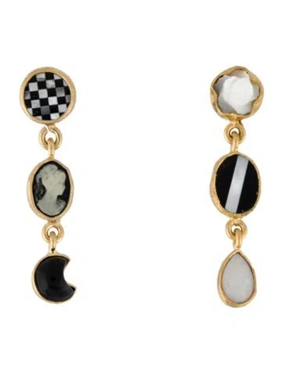 Pre-owned Grainne Morton Mother Of Pearl, Onyx & Opal Three Charm Moving Drop Earrings In Multicolor