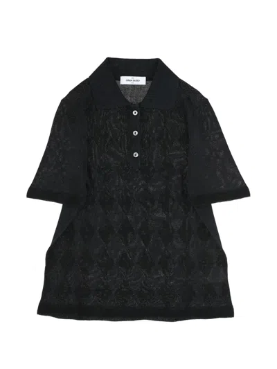 Gran Sasso Argyle-knit Short-sleeve Polo Top In Black