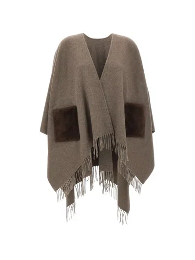 Gran Sasso Faux-fur Pocket Fringed-hem Cape In Brown