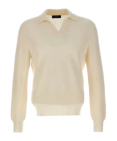 Gran Sasso Ribbed-knit Virgin Wool Polo-collar Sweater In Neutral