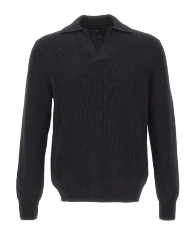 Gran Sasso Ribbed-knit Open-collar Polo Shirt In Black