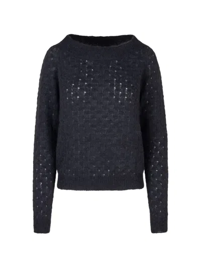 Gran Sasso Pointelle-knit Boat-neck Sweater In Black
