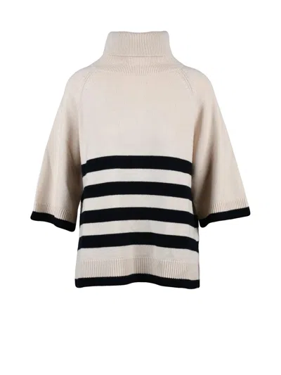Gran Sasso Short Sleeve Turtleneck Sweater With Navy Stripe Accents In Neutral